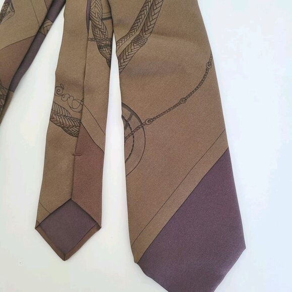Hermes Men's Neck Tie Made In France Designer Silk Brown Chains Necktie - Picture 1 of 6